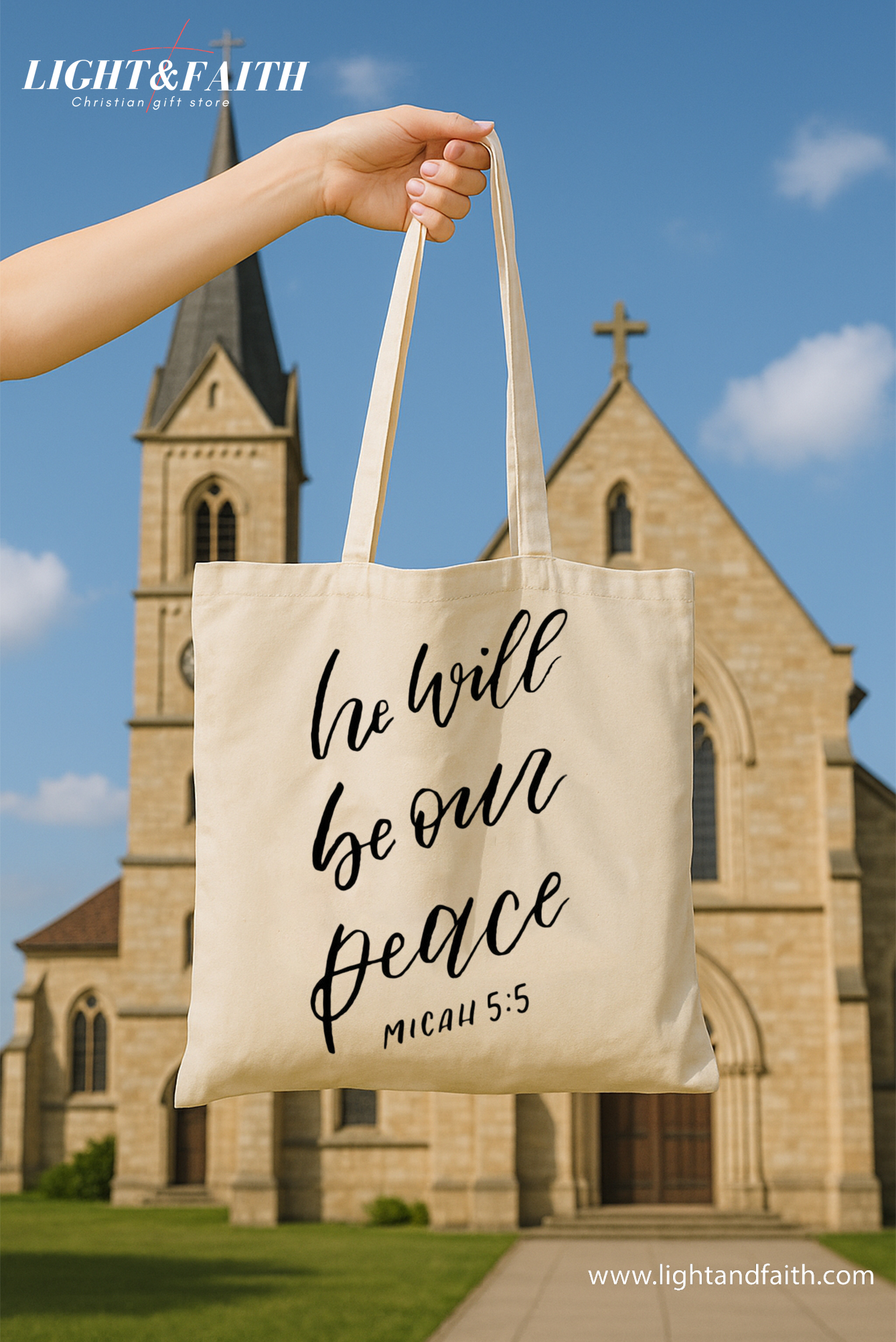 He Will Be Our Peace Tote Bag, Micah 5:5 Bible Verse Bag, Christian Scripture Tote, Faith Canvas Bag for Women, Inspirational Church Gift TBLAF42
